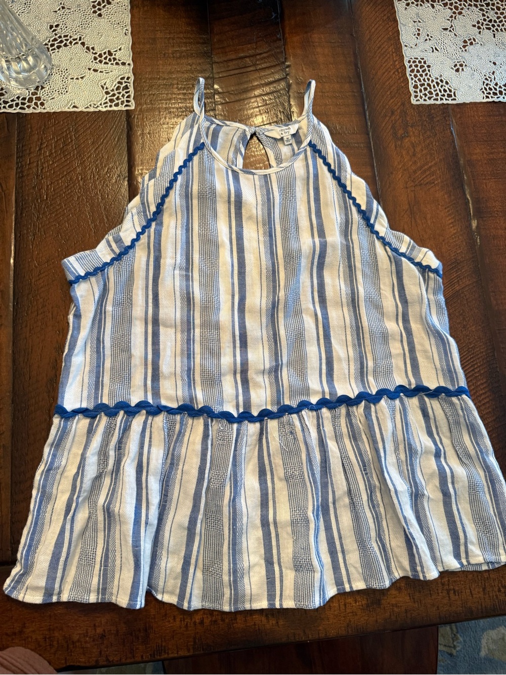 crown & ivy Blue and White Striped Tank with Ruffle Trim